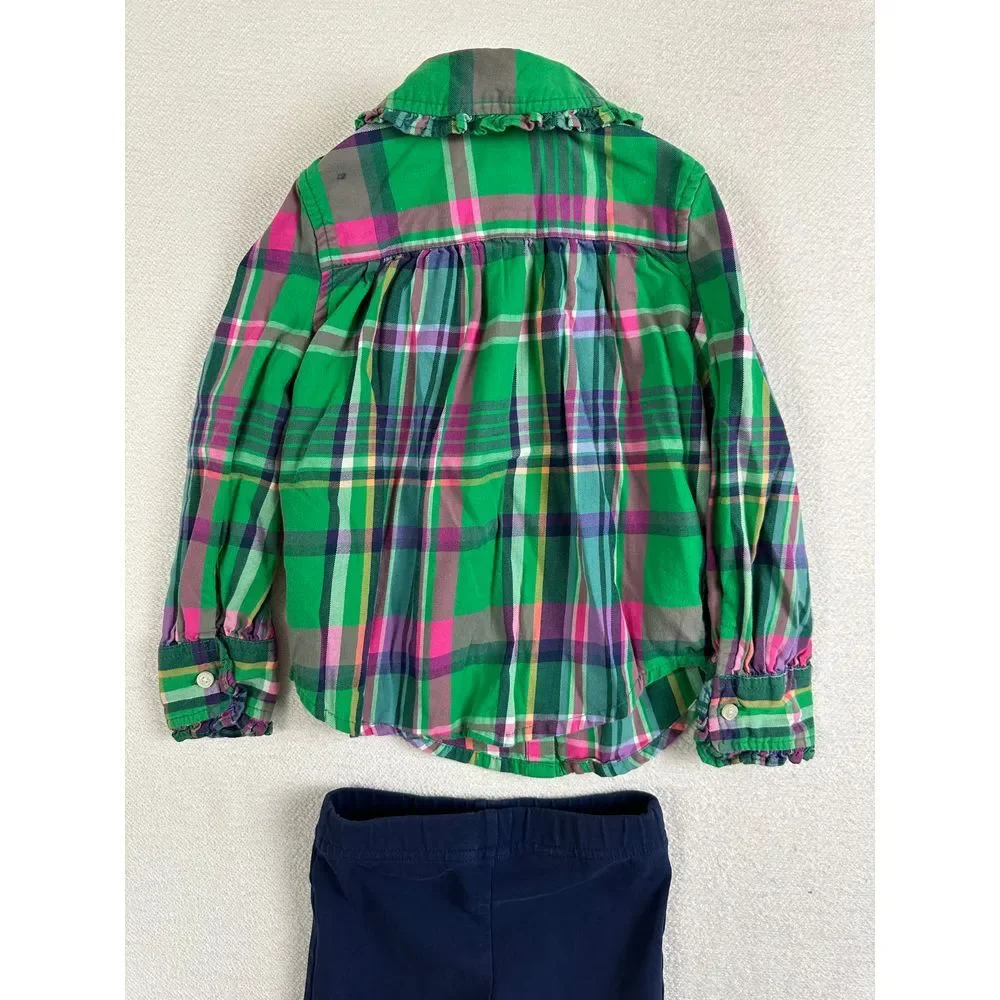 Ralph Lauren Matching Set Girls 2T Plaid Shirt‎ & Navy Jodhpur Pants